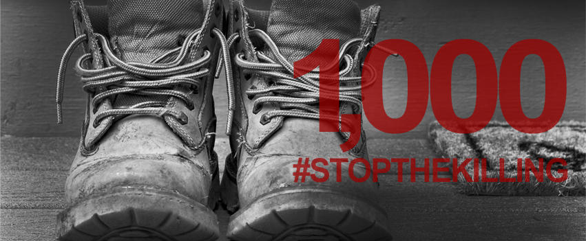 Image: grey and worn workboots with text superimposed: 1,000 #Stopthekilling