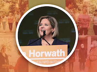 A woman with straight, light-coloured hair, speaks from behind a podium with her name on it: Horwath