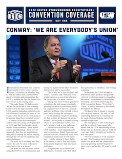 Image of the Day One Daily Newsletter from USW International Convention, featuring USW International President Tom Conway addressing delegates from the stage.