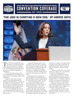 Day Three daily newsletter from the USW International Convention 2022, featuring U.S. Vice-President Kamala Harris, addressing delegates from the stage.