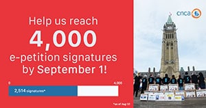 CNCA progress bar of petitions signed plus an image of protesters on Parliament Hill
