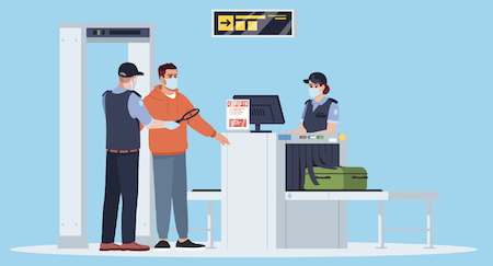 An illustration of a passenger going through airport security with two airport screeners - one behind the screening equipment and one using a metal detector. All three people are wearing masks. 