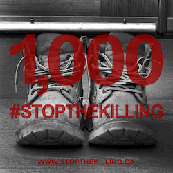 Image: grey, worn workboots with text superimposed: 1,000 #Stopthekilling