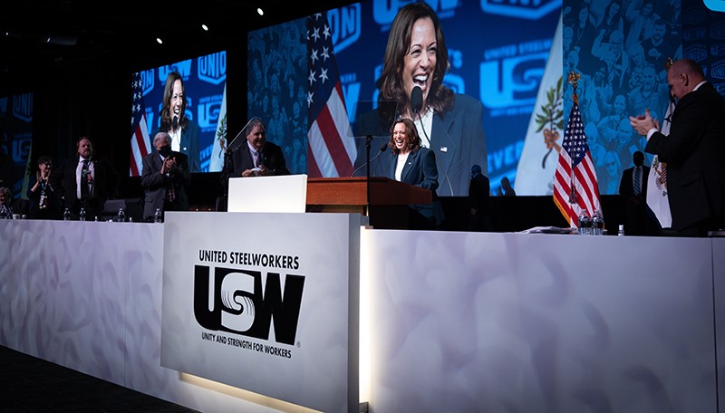 Photo of U.S. Vice President Kamala Harris up on stage at the USW International Convention