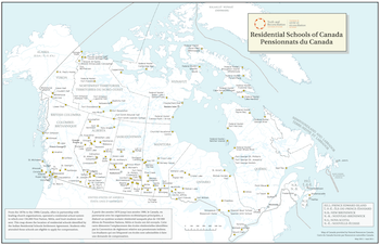 Image: a map in English and French of residential schools of Canada