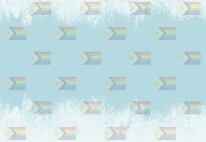 Image: Textured blue background with a collage of progress pride flags.