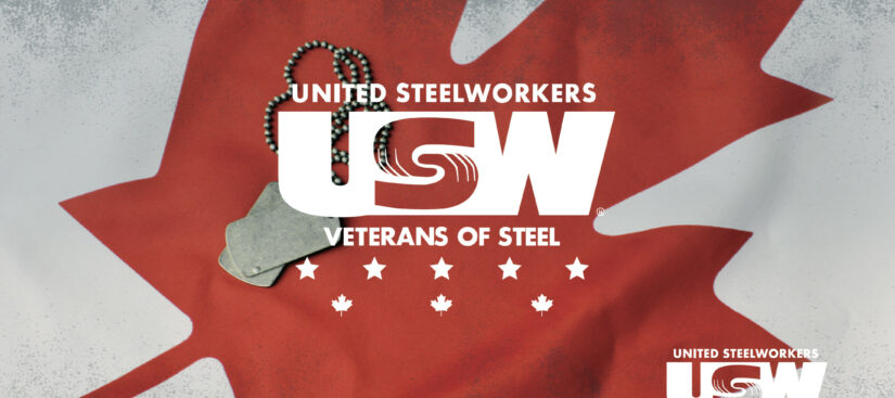 An image of a red maple leaf from the Canadian flag with 2 military identification tags on top. Over the image are two logos that say "United Steelworkers Veterans of Steel" with 5 stars and 3 maple leaves placed in the middle of the image and another logo that says "United Steelworkers Métallos District 6" placed at the bottom right.
