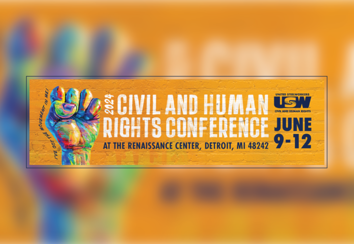 Graphic with a yellow background and text saying the International Civil and Human Rights Conference. There is fist picture on the left of the graphic and next to it there a horizontal text saying I"ve got the movement in me!