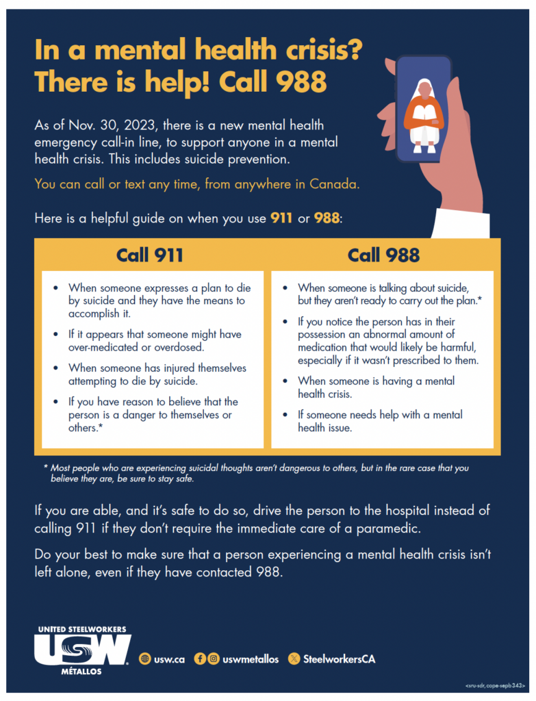 Image: Dark-blue poster with a yellow box listing the differences between calling 911 and calling 988. A cartoon graphic of a hand is holding a phone and visible on the phone is a person sitting with their knees clasped to their chest. 