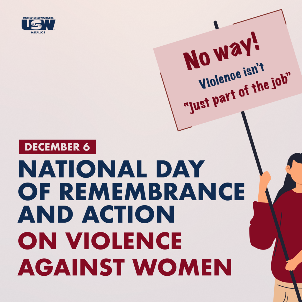 Graphic of woman holding a sign that says: No way! Violence isn’t “just part of the job”
