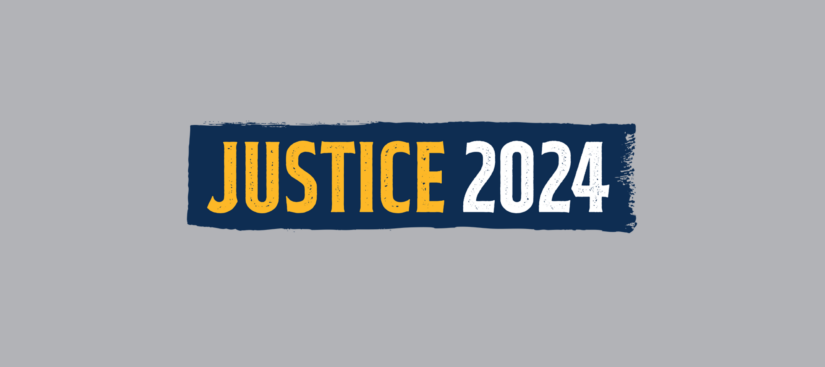 A graphic with a grey bakcground and a logo in the middle with text saying: Justice 2024