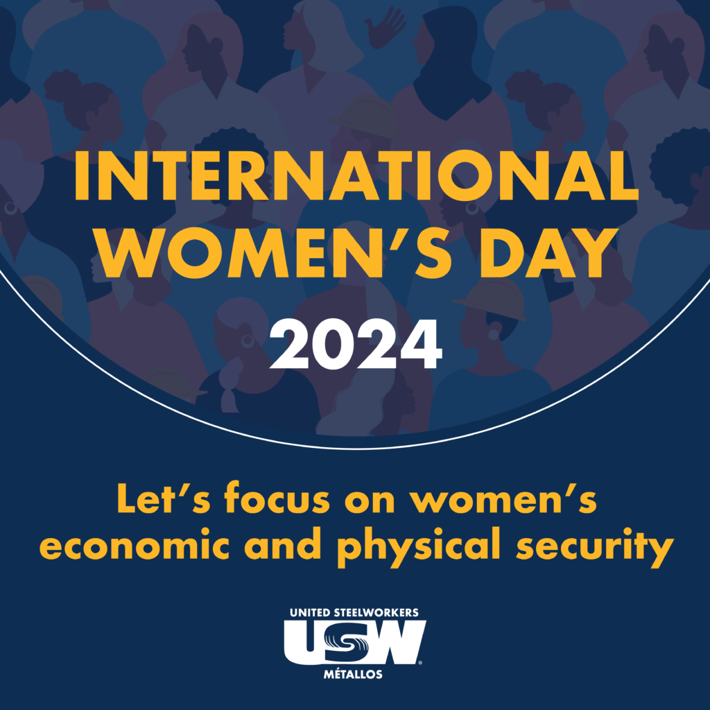 Poster on dark background and graphic of illustrated women: International Women's Day 2024: Let's focus on women's economic and physical security