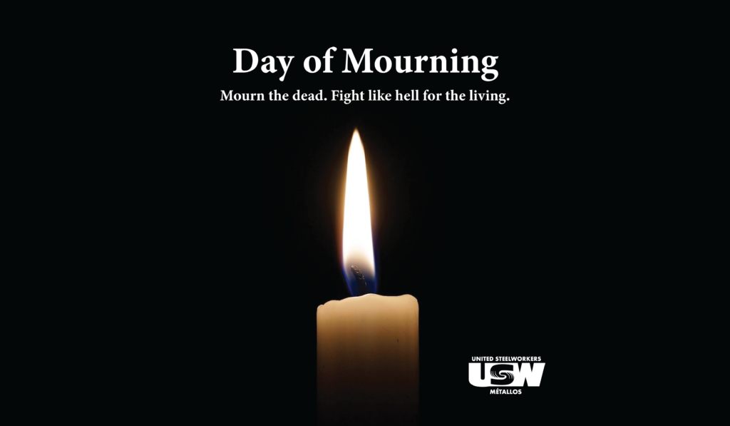 A graphic with a black background. There is a lot candle in the middle and white text above it sayong "Day of Mourning - Mourn the dead. Fight like hell for the the living."