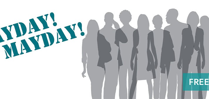 An image that days Mayday! Mayday! There is an animation of shadows of a group of people standing. There is text over it that says 'free webinar'