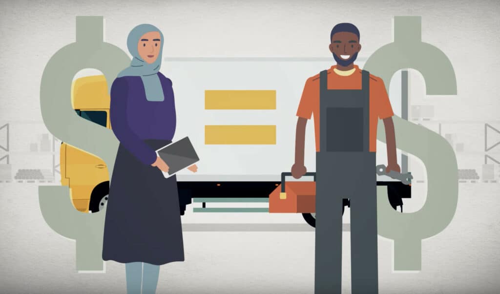 Image: A graphic illustration of two people, a male and a female. There is a dollar sign next to each of them and an equal sign between them. The male on the right is holding a toolbox with his right hand and a wrench with his left hand, while the female on the left is holding a tablet. There is an illustration of a yellow truck in the background.