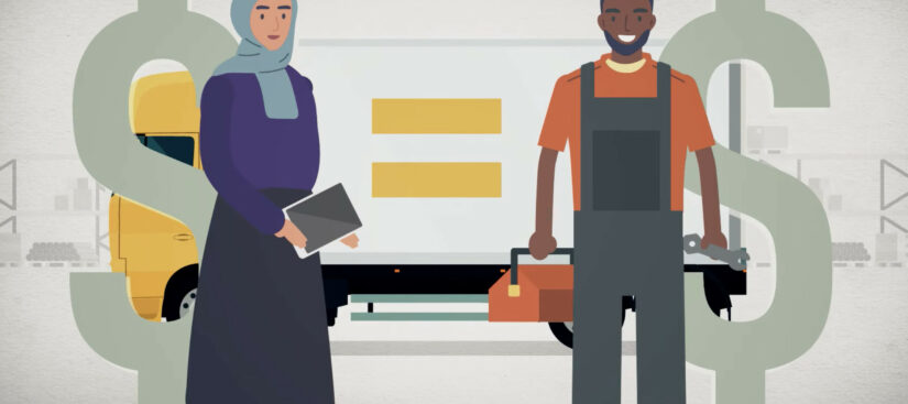 Image: A graphic illustration of two people, a male and a female. There is a dollar sign next to each of them and an equal sign between them. The male on the right is holding a toolbox with his right hand and a wrench with his left hand, while the female on the left is holding a tablet. There is an illustration of a yellow truck in the background.