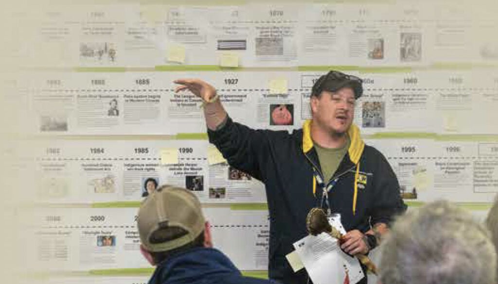 Image: - A person wearing a USW hoodie and a black cap standing in a room while facilitating a course. Behind him, there is a wall full of graphics in the shape of a timeline that summarizes the history of indigenous people in Turtle Island. Three people from the audience appear blurry in the background.