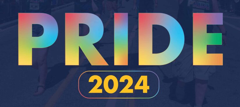 A graphic showing people marching in a Pride Parade, while waving Pride flags. There is a text saying Pride 2024 at the bottom of the graphic.