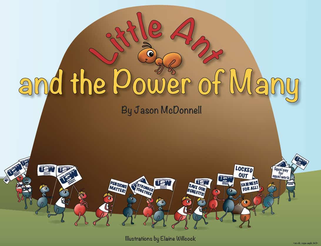 Illustration showing ants marching in a rally and holding signs saying Stronger Together. There is a text on the top saying: Little Ant and teh power of many.