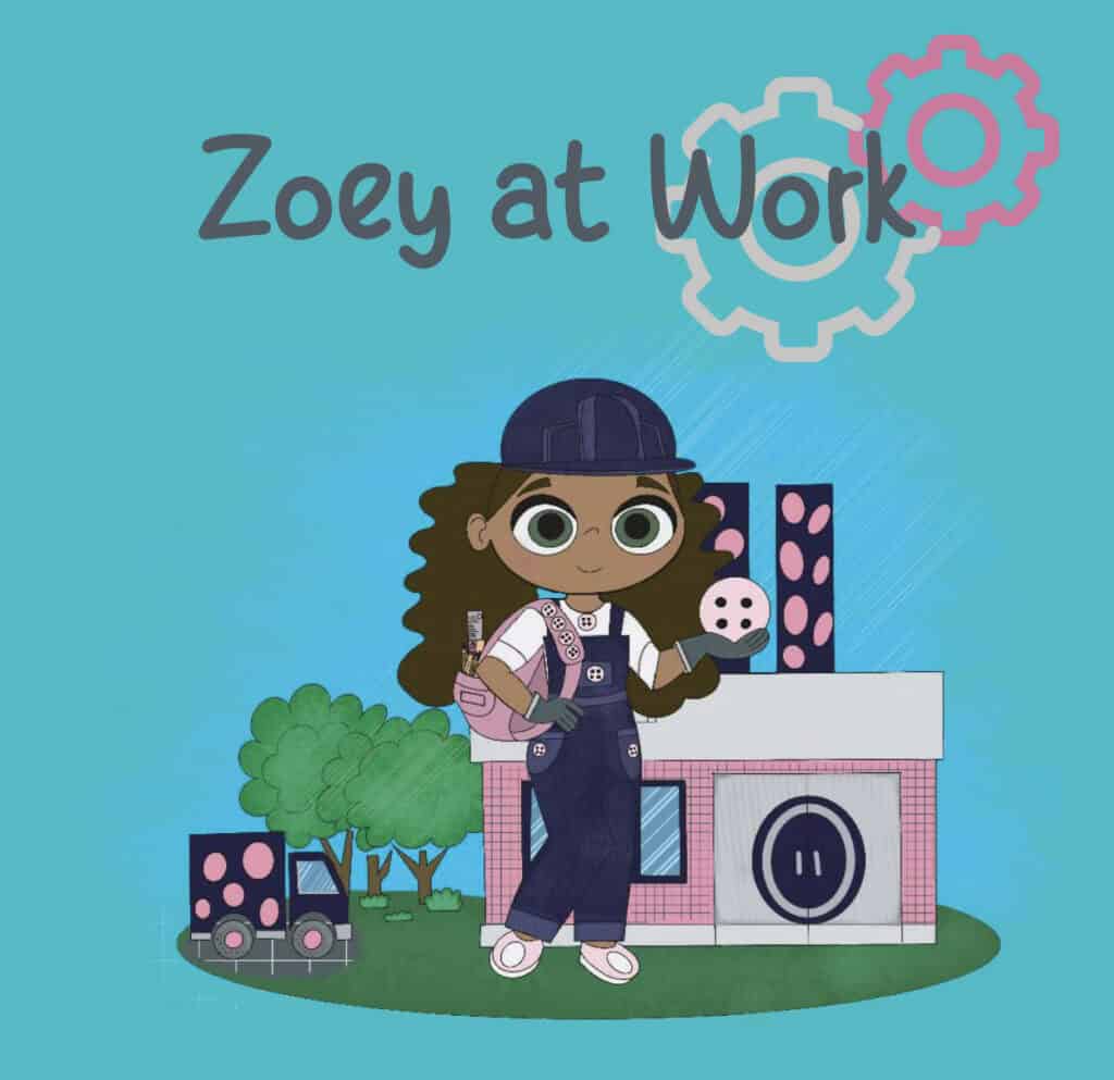 illustration of a racialized young person with curly brown hair and wearing ab blue jumpsuit, a blue hat and a pink backpack. Behind the person there is a pink building, black truck and couple of trees. There is text on the top of the graphic that says: Zoey at work.