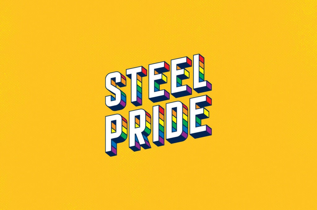 An image with yellow background and text that says Steel Pride. The text has a rainbow shadow-like design.