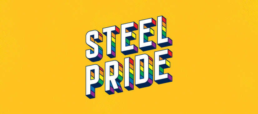 An image with yellow background and text that says Steel Pride. The text has a rainbow shadow-like design.