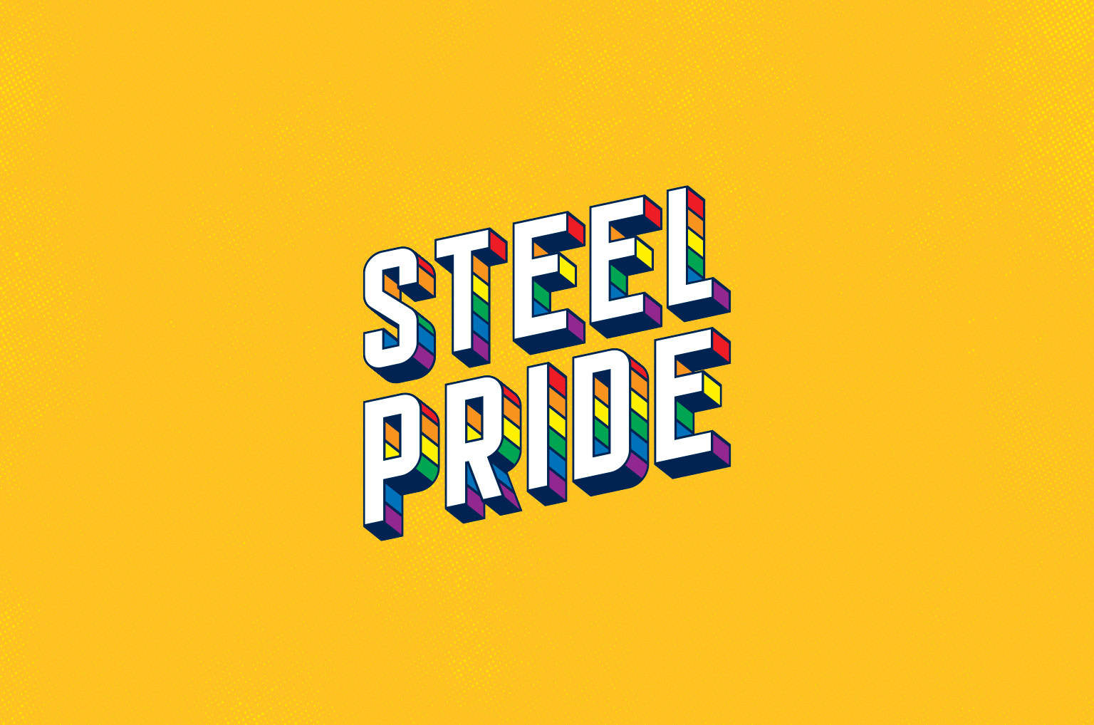 An image with yellow background and text that says Steel Pride. The text has a rainbow shadow-like design.