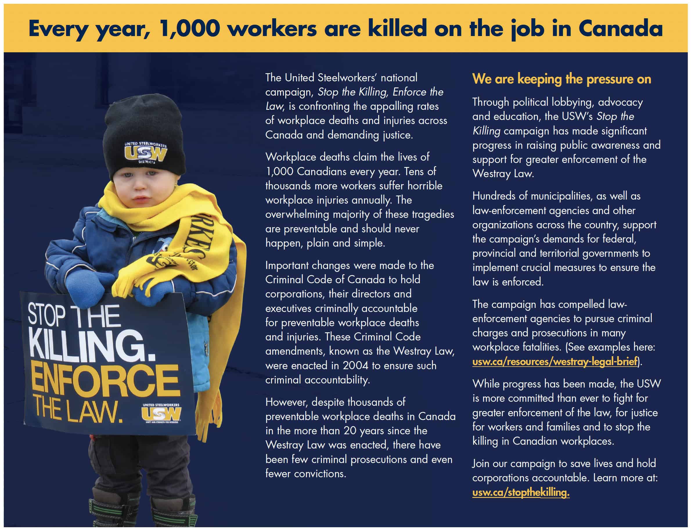 Image: Dark blue flyer with toddler in a USW hat and scarf holding a Stop the Killing placard