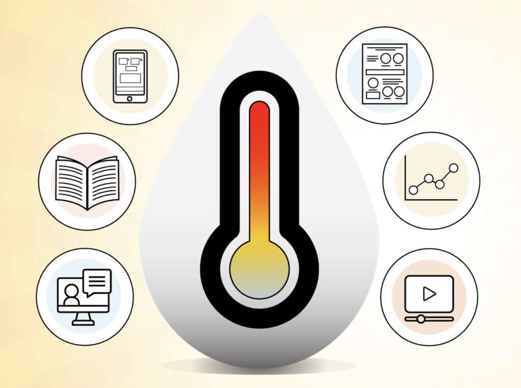 Image: A thermometer rising into the red zone is surrounded by icons including books, videos, charts and documents.