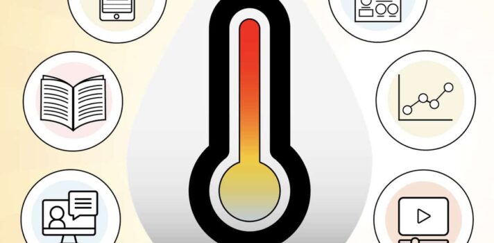 Image: A thermometer rising into the red zone is surrounded by icons including books, videos, charts and documents.
