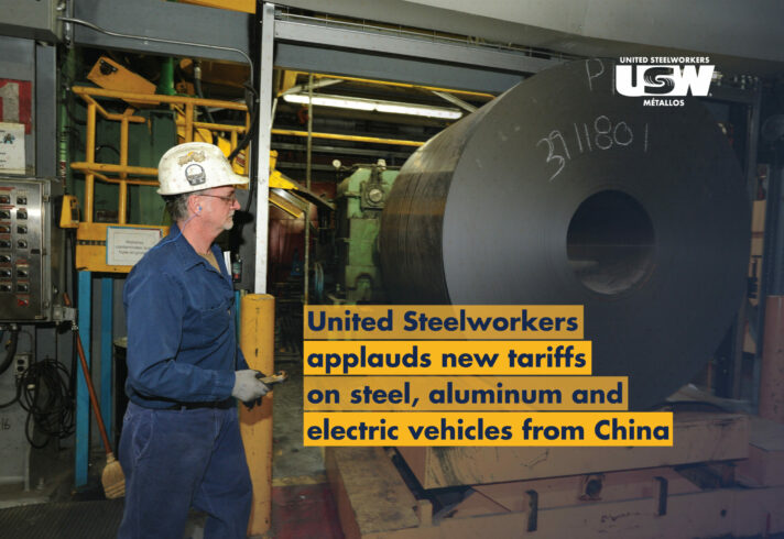 A photo of person wearing blue jumpsuit and a white helmet, operating a machine in a steel factory. There is a text under the photo saying: United Steelworkers applauds new tariffs on steel, aluminum and electric vehicles from China.