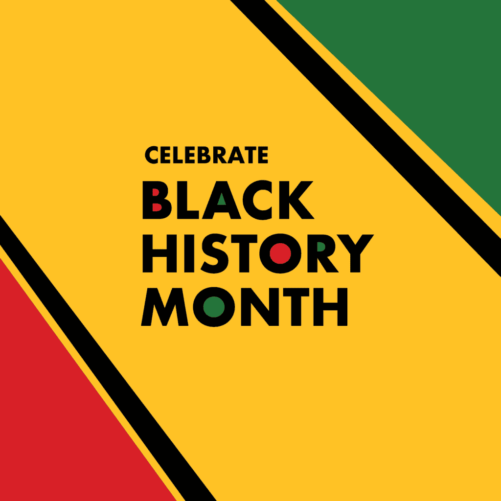 A gold, red and green background that reads, "Celebrate Black History Month" in black text.