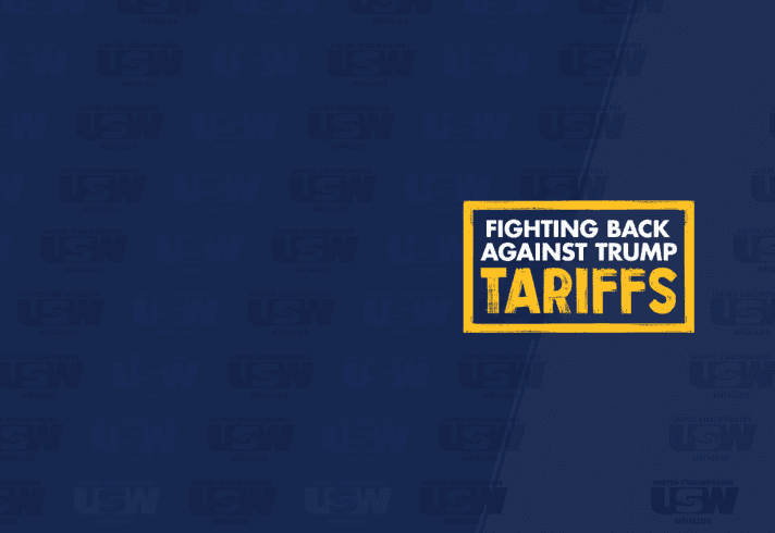 Blue background with text on the right that says, "Fighting back against Trump tariffs."