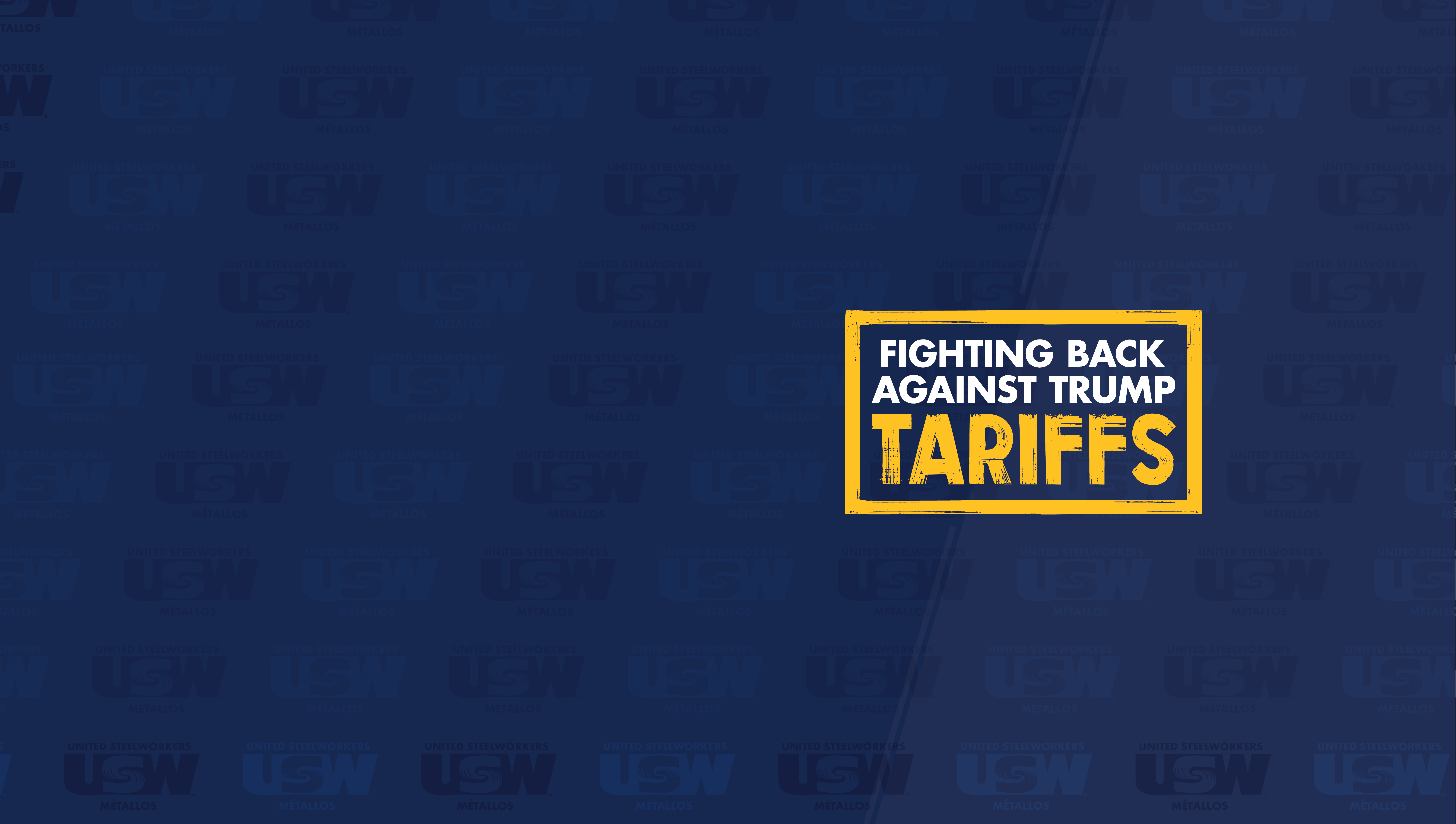 Blue background with text on the right that says, "Fighting back against Trump tariffs."