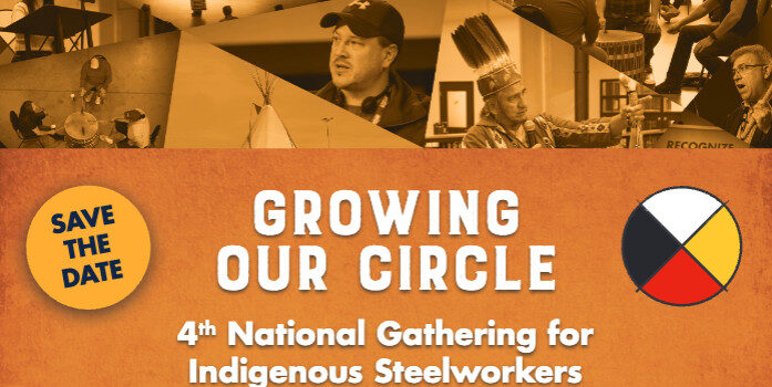 A graphic with orange background. There is a photo collage at the top featuring photos from indesignous events. At the bottom , there is text saying, Growing our Circle. 4th National Gathering for Indigenous Steelworkers.