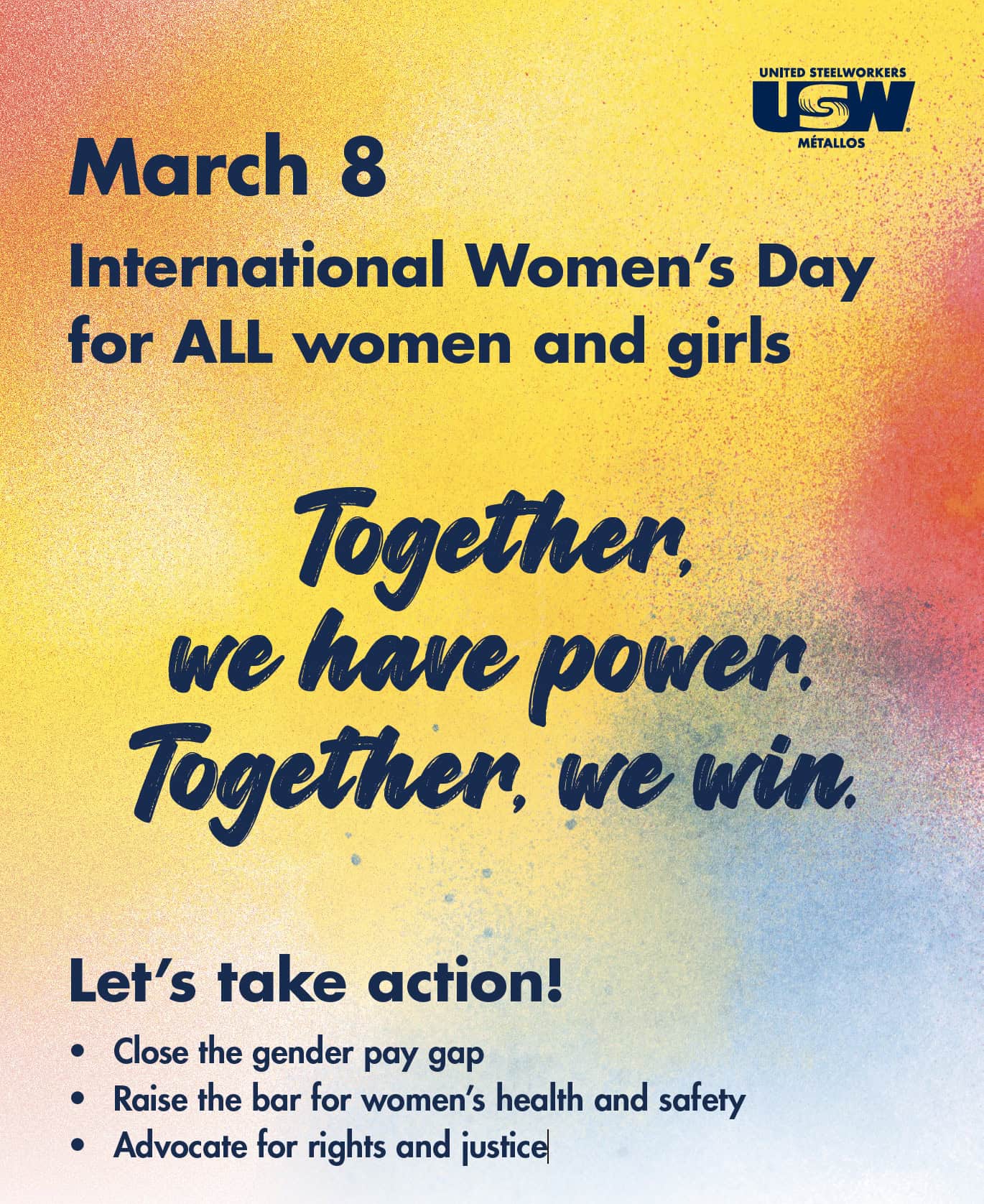 Poster with text: March 8, International Women's Day for ALL women and girls.